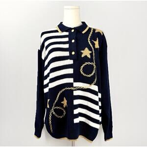 Vintage 90s Nautical Cardigan L Navy Gold French Sailor Cable Rope Breton Stripe